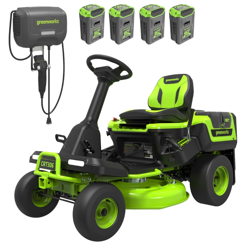 Greenworks 30in 60V 16HP Equivalent Riding Lawn Mower 1.25 Acre Tow Capacity 200 lbs with (4) 8.0Ah Batteries &amp;amp; Turbo Charger