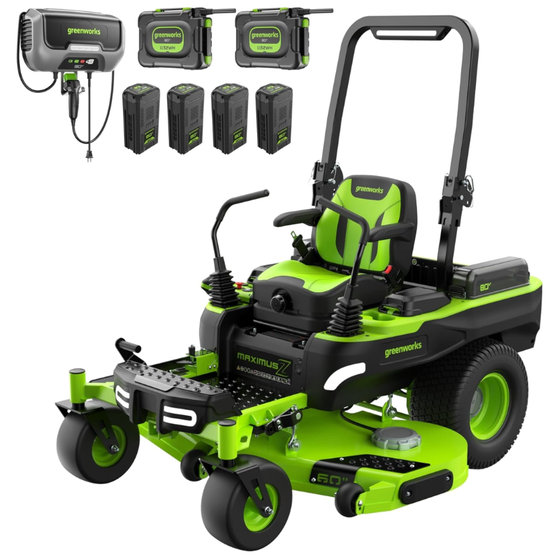 Greenworks 60in 80V 41HP Equivalent Riding Lawn Mower 5.12 Acre Rear Dump Bed with (2) 16.0Ah + (4) 8.0Ah Batteries &amp;amp; Turbo Charger