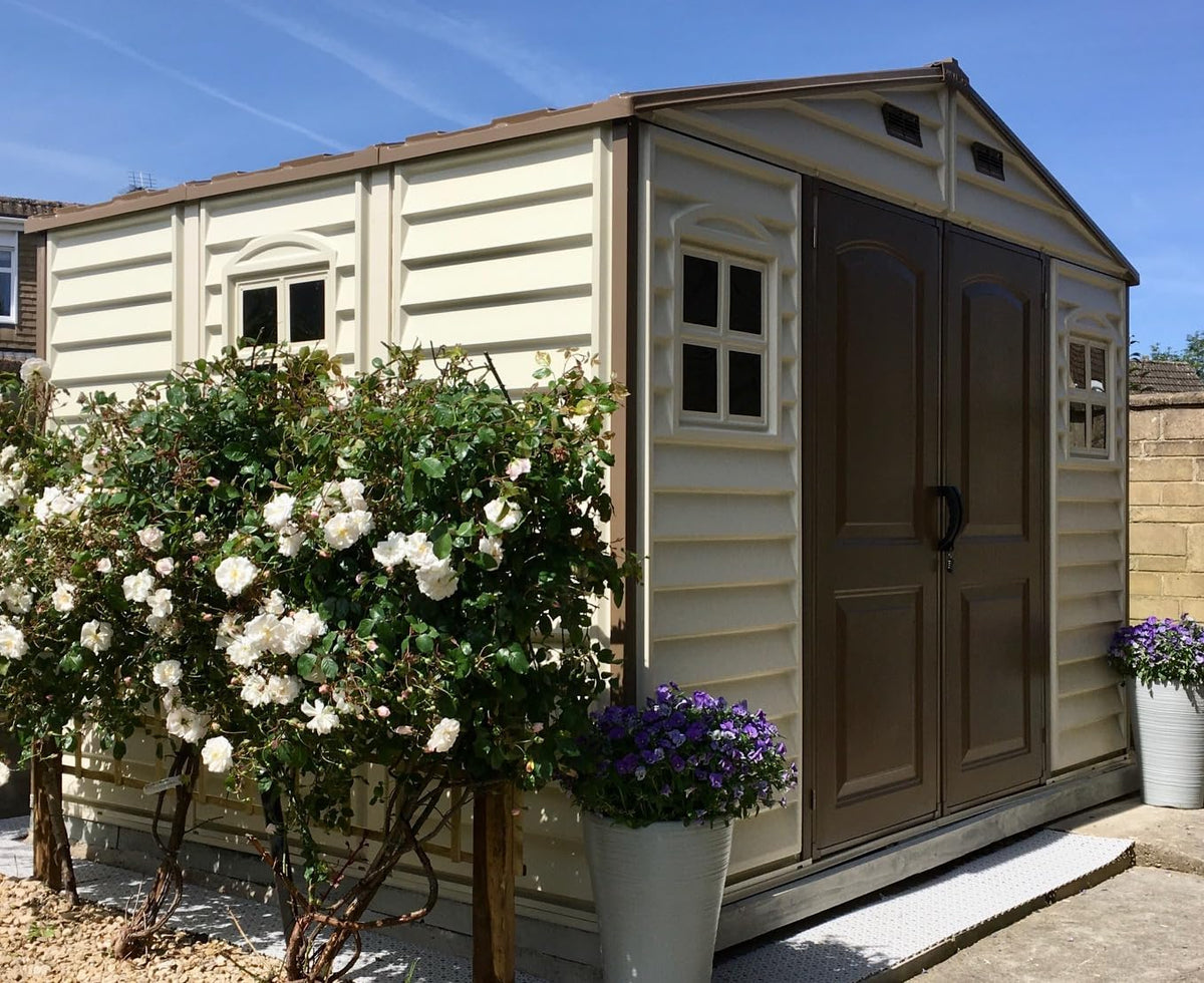 10 x 8 ft Outdoor Resin Storage Shed with Double Doors, Windows & Floor Foundation – Plastic Backyard Shed
