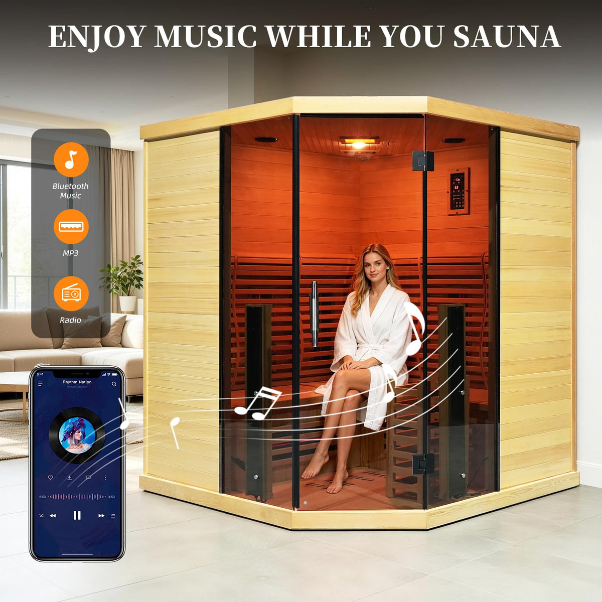 Corner Hybrid Sauna 3 Person – Indoor Infrared & Steam Sauna, Canadian Hemlock Wood Home Sauna