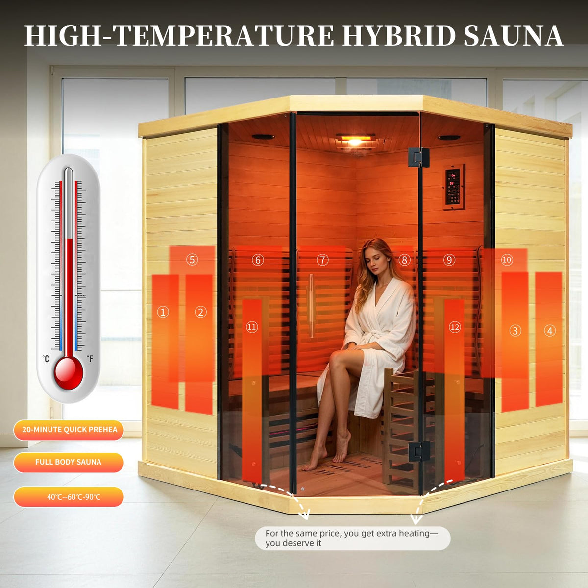 Corner Hybrid Sauna 3 Person – Indoor Infrared & Steam Sauna, Canadian Hemlock Wood Home Sauna
