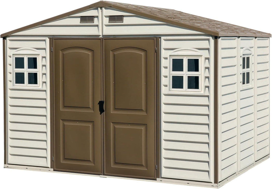 10 x 8 ft Outdoor Resin Storage Shed with Double Doors, Windows & Floor Foundation – Plastic Backyard Shed