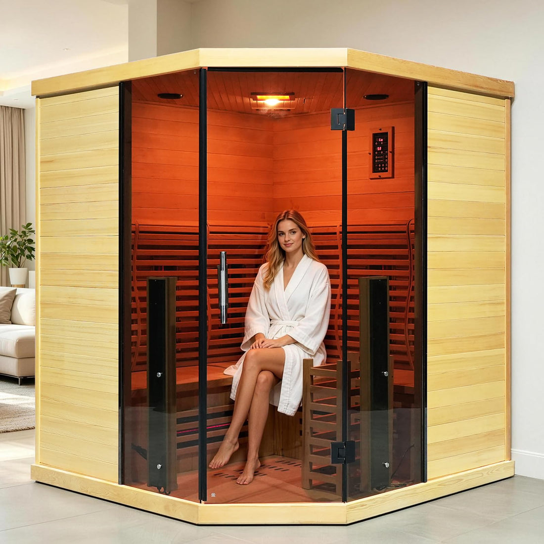 Corner Hybrid Sauna 3 Person – Indoor Infrared & Steam Sauna, Canadian Hemlock Wood Home Sauna