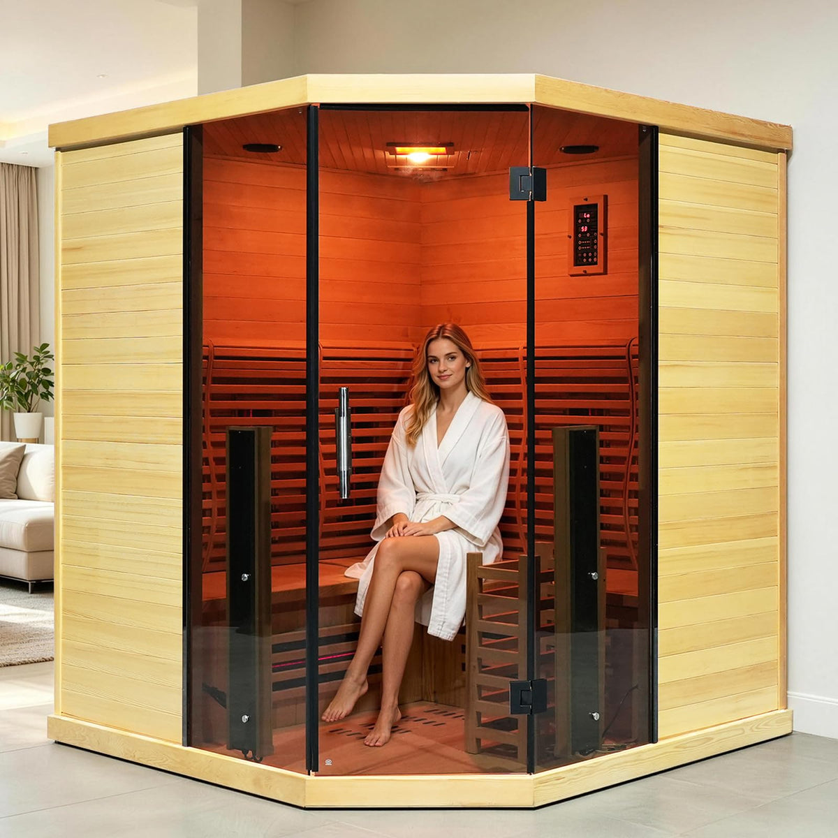 Corner Hybrid Sauna 3 Person – Indoor Infrared & Steam Sauna, Canadian Hemlock Wood Home Sauna