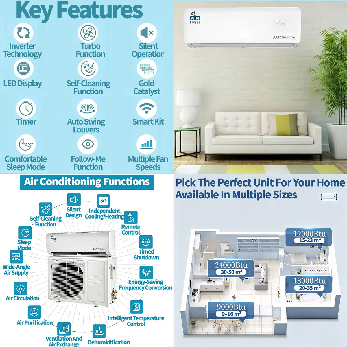 18000 BTU Ductless Mini Split Air Conditioner & Heat Pump – Wi-Fi, 5-in-1 AC, Heater, Dehumidifier, Install Kit