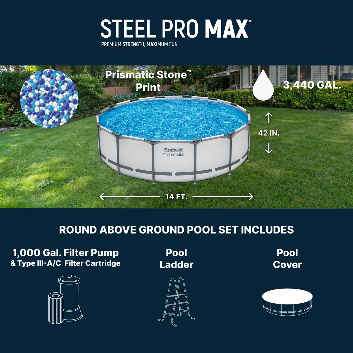 Bestway Steel Pro MAX 14 ft x 42 in Round Above Ground Pool Set – Metal Frame Swimming Pool with Filter Pump (56948E)