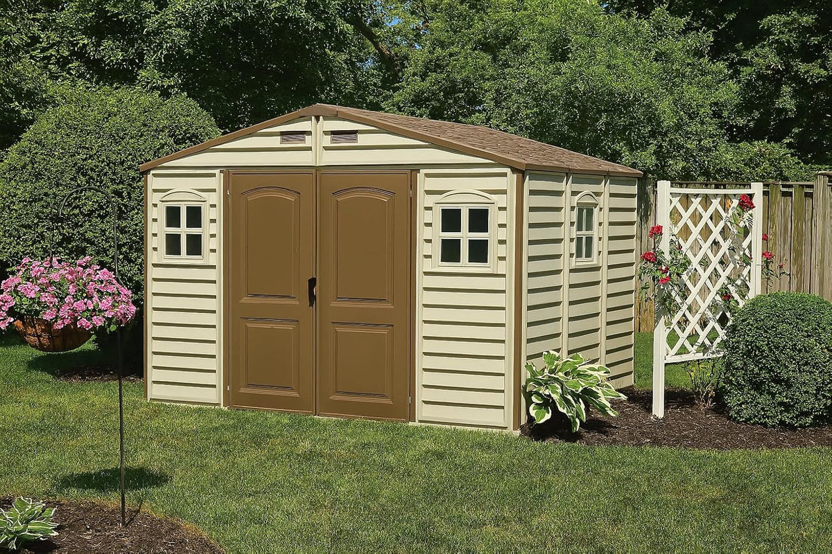 10 x 8 ft Outdoor Resin Storage Shed with Double Doors, Windows & Floor Foundation – Plastic Backyard Shed