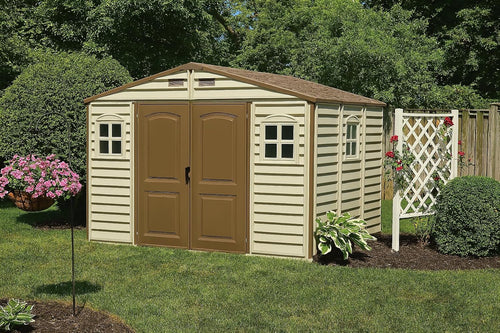 10 x 8 ft Outdoor Resin Storage Shed with Double Doors, Windows & Floor Foundation – Plastic Backyard Shed