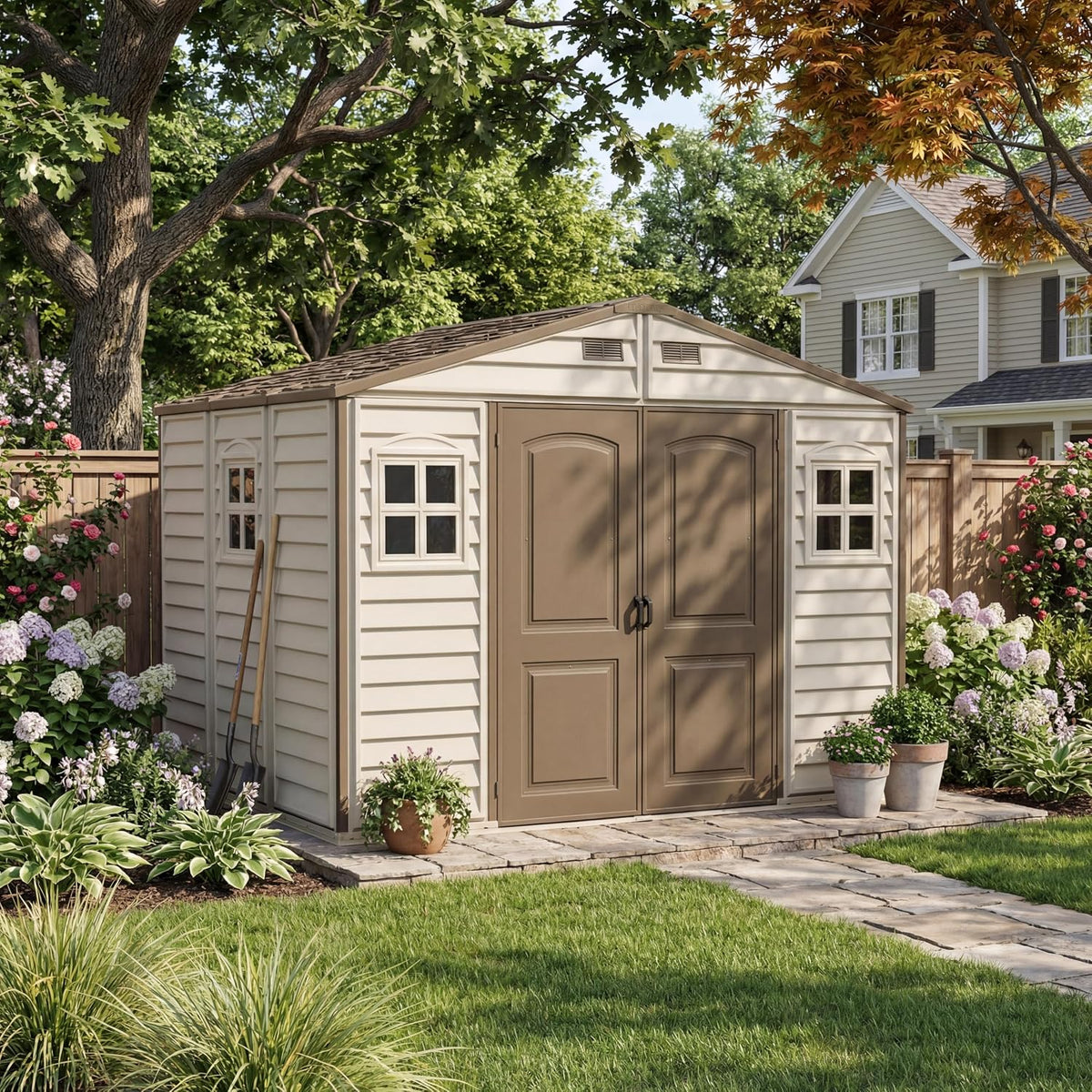 10 x 8 ft Outdoor Resin Storage Shed with Double Doors, Windows & Floor Foundation – Plastic Backyard Shed