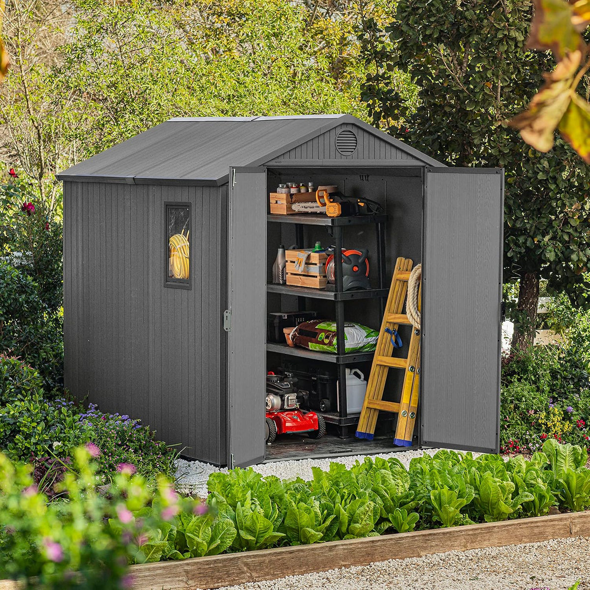 6 x 8 ft Outdoor Resin Storage Shed with Double Doors, Window & Heavy-Duty Floor – Plastic Backyard Shed