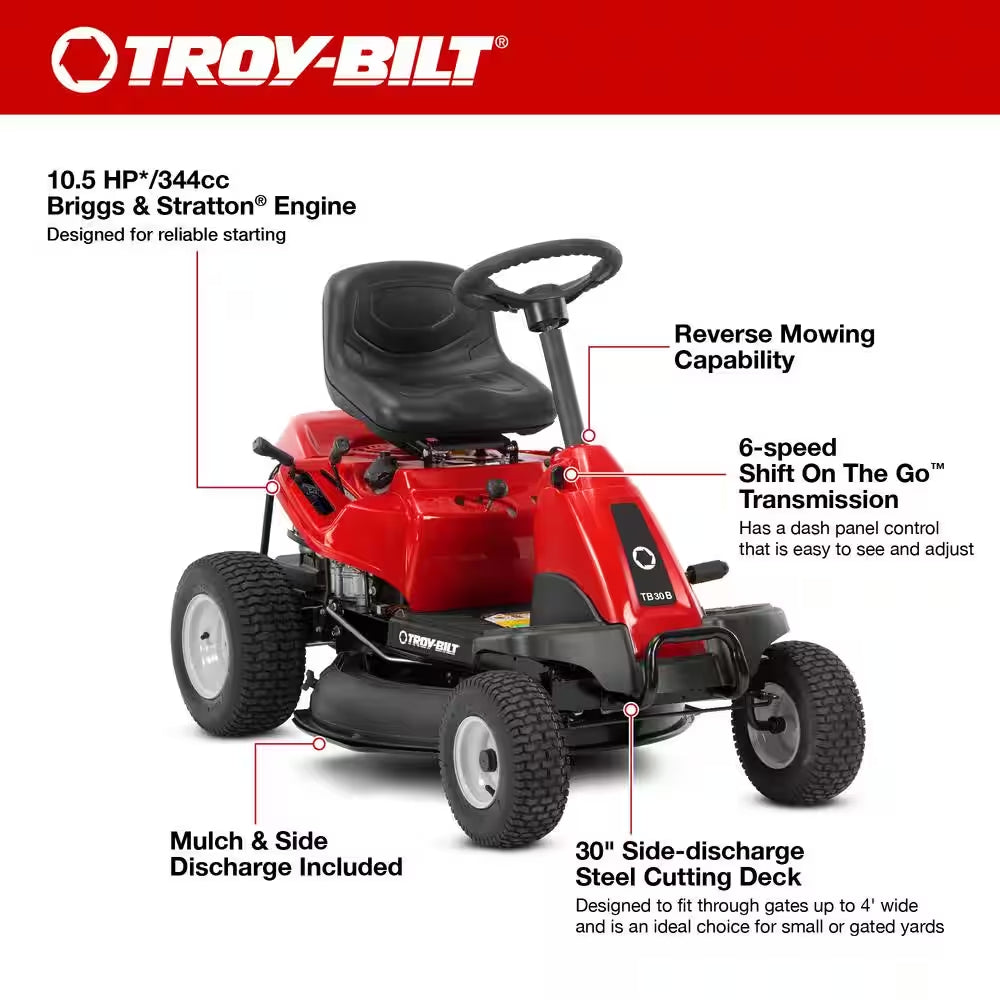30 in Gas Riding Lawn Mower 10.5 HP – Rear Engine Rider with 6-Speed Transmission